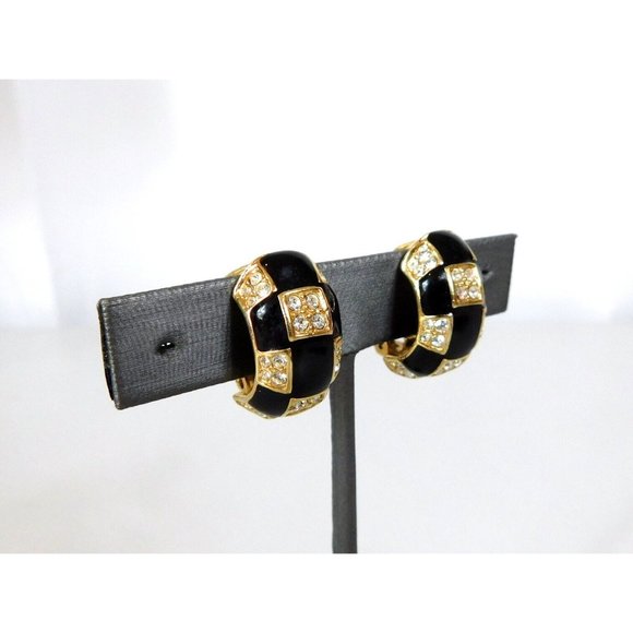 Roman Black Enamel Pave Crystal Rhinestone Half Hoop Earrings Clip on - Picture 3 of 10